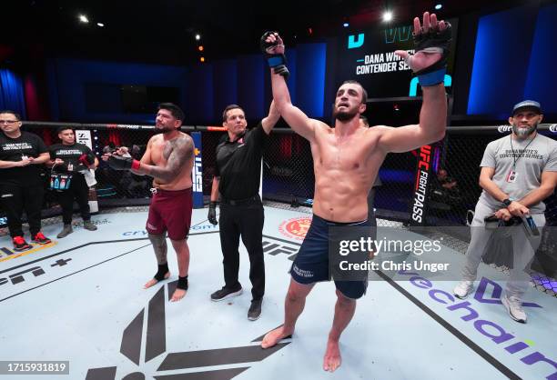 Magomed Gadzhiyasulov of Russia reacts after his victory against Jose Medina of Bolivia in a light heavyweight fight during Dana White's Contender...