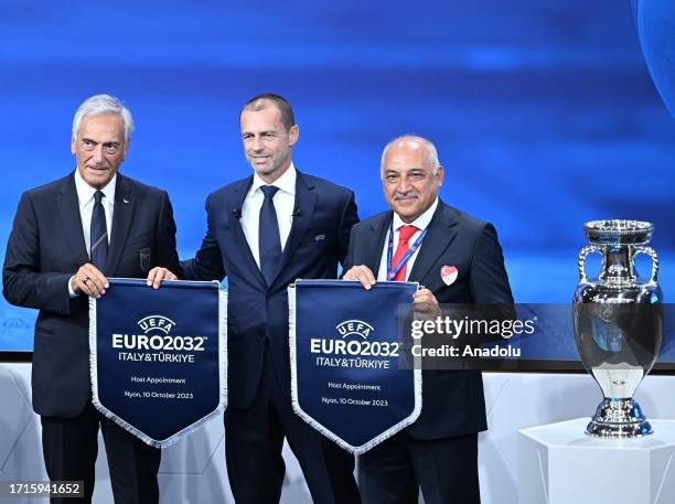 President Aleksander Ceferin , Turkish Football Federation President Mehmet Buyukeksi and Federal President Gabriele Gravina pose for a photo at the...