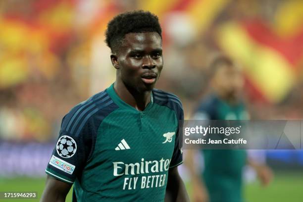 Bukayo Saka of Arsenal during the UEFA Champions League match between RC Lens and Arsenal FC at Stade Bollaert-Delelis on October 3, 2023 in Lens,...