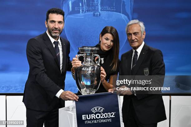 LtoR, Head of Italian delegation and Italian former professional football player Gianluigi Buffon, Italian TV host and commentator Ilaria D'Amico and...