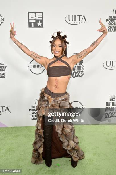 GloRilla attends the BET Hip Hop Awards 2023 at Cobb Energy Performing Arts Center on October 03, 2023 in Atlanta, Georgia.