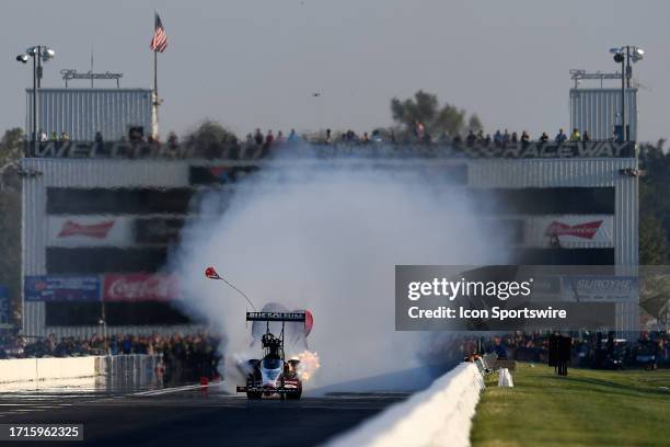 Zizzo Top Fuel Dragster suffers an engine failure during qualifying for the NHRA Midwest Nationals on September 30 at World Wide Technology Raceway...