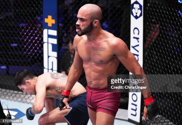 Victor Hugo of Brazil reacts after his victory over Eduardo Torres Caut of Chile in a bantamweight fight during Dana White's Contender Series season...