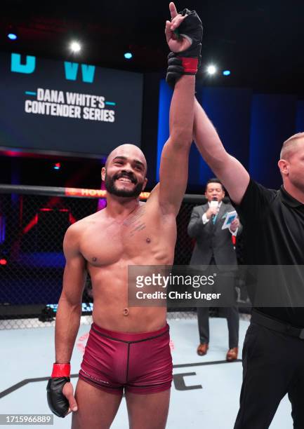 Victor Hugo of Brazil reacts after his victory over Eduardo Torres Caut of Chile in a bantamweight fight during Dana White's Contender Series season...