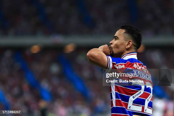 Yago Pikachu of Fortaleza celebrates after scoring the team's first goal during the Copa Sudamericana 2023 semifinal second leg match between...