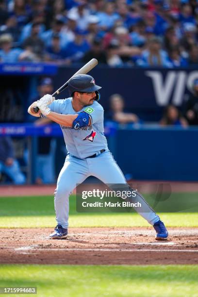 Davis Schneider of the Toronto Blue Jays takes an at bat against the Tampa Bay Rays during the second inning in their MLB game at the Rogers Centre...