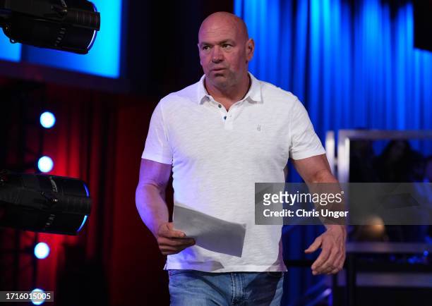 Dana White reacts after the conclusion of the fights during Dana White's Contender Series season seven, week nine at UFC APEX on October 03, 2023 in...