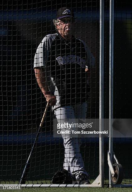 First base coach Rene Lachemann of the Colorado Rockies looks on during batting practice before MLB game action against the Toronto Blue Jays on June...
