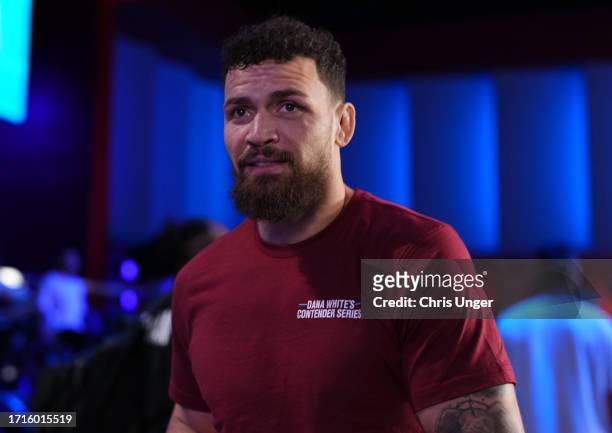 Mauricio Ruffy of Brazil reacts after being awarded a UFC contract during Dana White's Contender Series season seven, week nine at UFC APEX on...