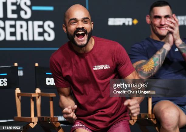 Victor Hugo of Brazil reacts after being awarded a UFC contract during Dana White's Contender Series season seven, week nine at UFC APEX on October...