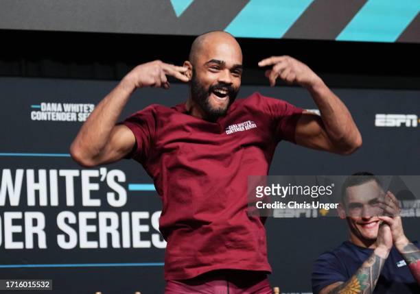 Victor Hugo of Brazil reacts after being awarded a UFC contract during Dana White's Contender Series season seven, week nine at UFC APEX on October...