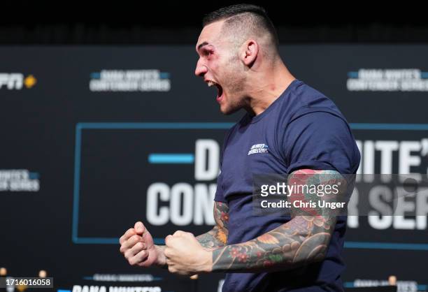 Rodolfo Bellato of Brazil reacts after being awarded a UFC contract during Dana White's Contender Series season seven, week nine at UFC APEX on...