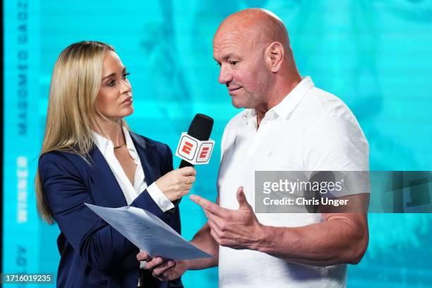Dana White announces the contract winners during Dana White's Contender Series season seven, week nine at UFC APEX on October 03, 2023 in Las Vegas,...