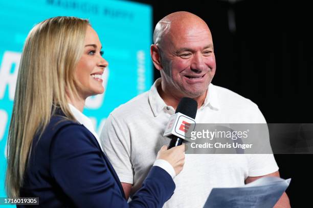 Dana White announces the contract winners during Dana White's Contender Series season seven, week nine at UFC APEX on October 03, 2023 in Las Vegas,...