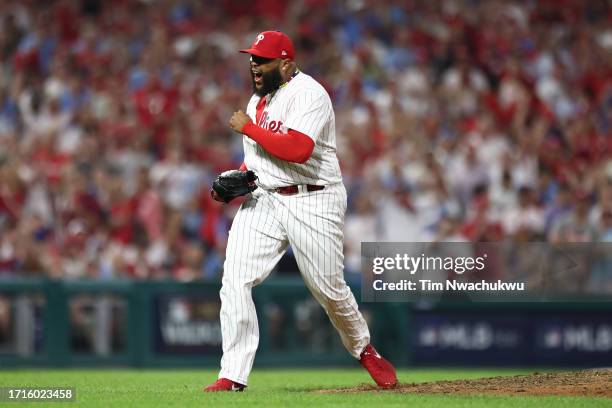 Jose Alvarado of the Philadelphia Phillies reacts after striking out Yuli Gurriel of the Miami Marlins to retire the side during the seventh inningin...