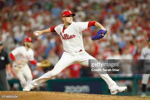 Jeff Hoffman of the Philadelphia Phillies pitches during the eighth inning against the Miami Marlins in Game One of the Wild Card Series at Citizens...