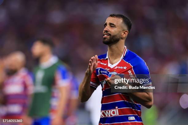 Caio Alexandre of Fortaleza celebrates the victory after the Copa Sudamericana 2023 semifinal second leg match between Fortaleza and Corinthians at...