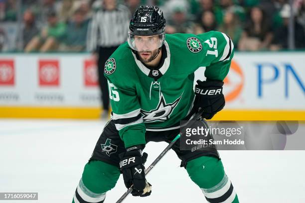 Craig Smith of the Dallas Stars lines up for a faceoff during the third period against the Colorado Avalanche at American Airlines Center on October...