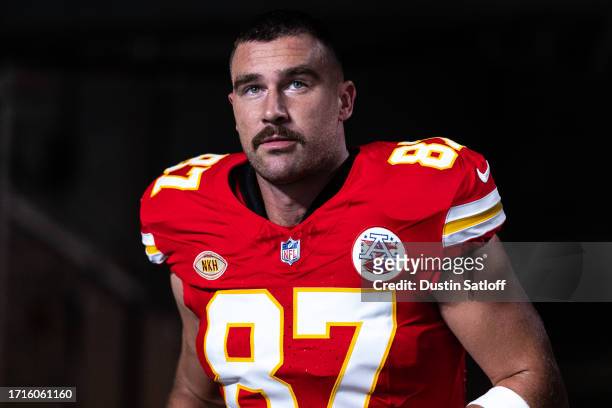 Travis Kelce of the Kansas City Chiefs takes the field prior to the game against the New York Jets at MetLife Stadium on October 01, 2023 in East...