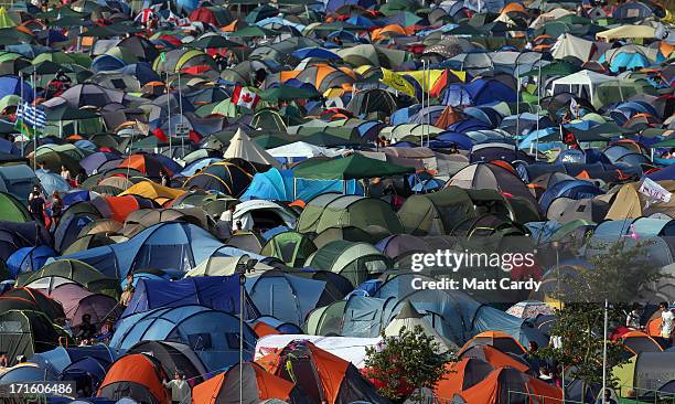 Tents fill the camping fields at the Glastonbury Festival of Contemporary Performing Arts site at Worthy Farm, Pilton on June 26, 2013 near...