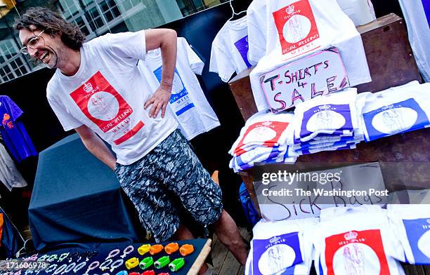 Street seller Simon Brewis sells Royal Wedding sick bag t-shirts in London, England on April 24, 2011. The royal wedding haters will be glad when the...