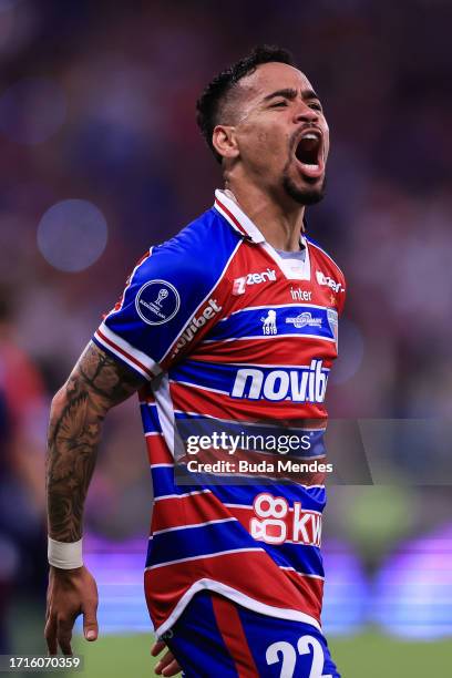 Yago Pikachu of Fortaleza celebrates the victory after the Copa Sudamericana 2023 semifinal second leg match between Fortaleza and Corinthians at...