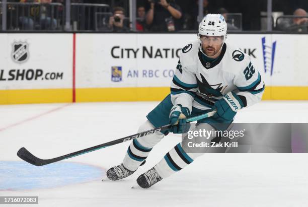 Ryan Carpenter of the San Jose Sharks skates during the first period against the Vegas Golden Knights at T-Mobile Arena on October 03, 2023 in Las...