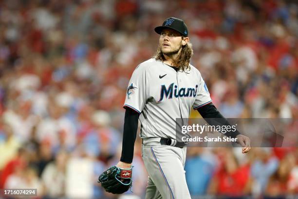 Steven Okert of the Miami Marlins reacts during the eighth inning against the Philadelphia Phillies in Game One of the Wild Card Series at Citizens...