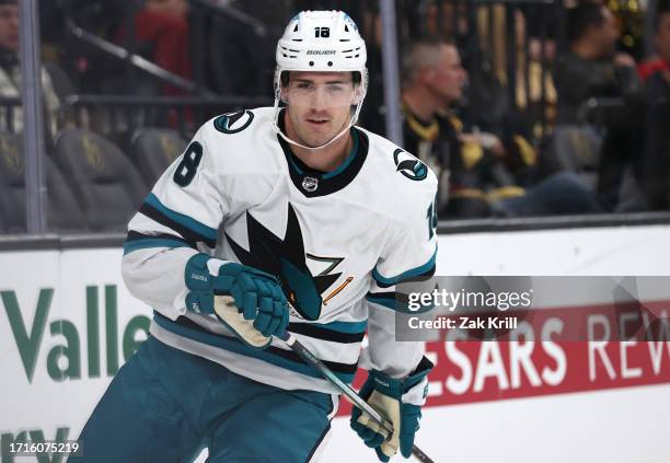 Filip Zadina of the San Jose Sharks skates during the first period against the Vegas Golden Knights at T-Mobile Arena on October 03, 2023 in Las...