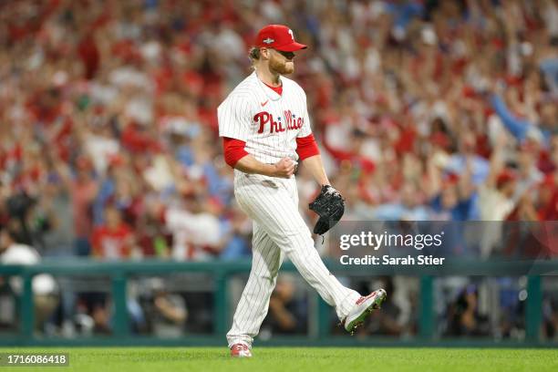 Craig Kimbrel of the Philadelphia Phillies celebrates recording the final out to defeat the Miami Marlins 4-1 in Game One of the Wild Card Series at...