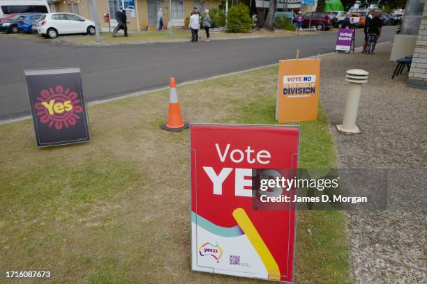 Campaign signs outside an early voting centre on October 04, 2023 in Ballina, Australia. A referendum for Australians to decide on an indigenous...