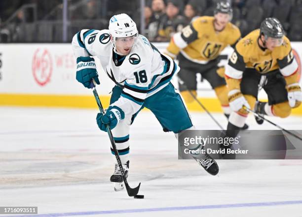 Filip Zadina of the San Jose Sharks skates during the second period against the Vegas Golden Knights at T-Mobile Arena on October 03, 2023 in Las...
