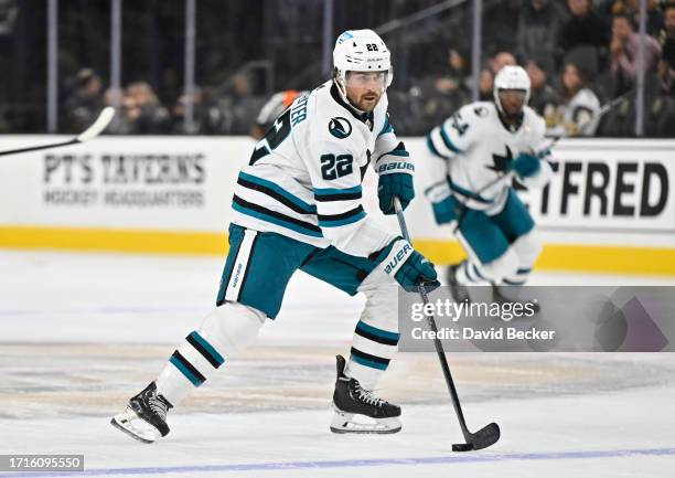 Ryan Carpenter of the San Jose Sharks skates during the second period against the Vegas Golden Knights at T-Mobile Arena on October 03, 2023 in Las...