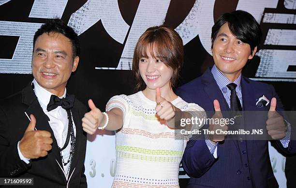 Simon Yam, Han Hyo-Ju and Jung Woo-Sung attend the 'Cold Eyes' Red Carpet & VIP Press Screening at COEX Megabox on June 25, 2013 in Seoul, South...