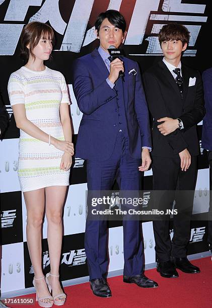 Han Hyo-Ju, Jung Woo-Sung and Lee Jun-Ho attend the 'Cold Eyes' Red Carpet & VIP Press Screening at COEX Megabox on June 25, 2013 in Seoul, South...