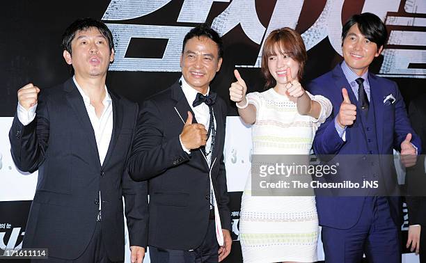 Sul Kyoung-Gu, Simon Yam, Han Hyo-Ju and Jung Woo-Sung attend the 'Cold Eyes' Red Carpet & VIP Press Screening at COEX Megabox on June 25, 2013 in...