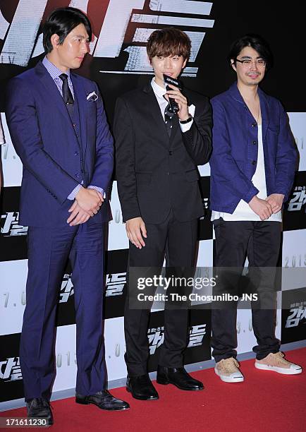 Jung Woo-Sung, Lee Jun-Ho and director Jo Eui-Seok attend the 'Cold Eyes' Red Carpet & VIP Press Screening at COEX Megabox on June 25, 2013 in Seoul,...