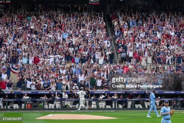General view as Royce Lewis of the Minnesota Twins bats and hits a home run off of Kevin Gausman of the Toronto Blue Jays during game one of the Wild...