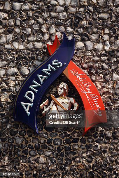 The sign for the Adnams brewery on June 25, 2013 in Southwold, England. Established in the small Suffolk coastal town of Southwold in 1872 by George...