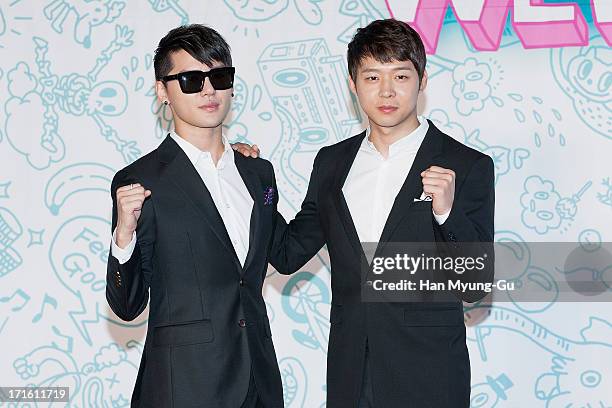 Kim Jun-Su and Park Yoo-Chun of South Korean boy band JYJ attend the 2013 JYJ Membership Week at SETEC on June 27, 2013 in Seoul, South Korea....