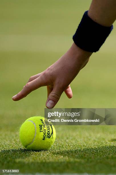 Ballboy collects a tennis ball from the turf during the Ladies' Singles second round match between Petra Martic of Croatia and Karolina Pliskova of...