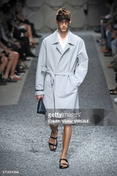 Model walks the runway at the Z Zegna show during Milan Menswear Fashion Week Spring Summer 2014 on June 25, 2013 in Milan, Italy.