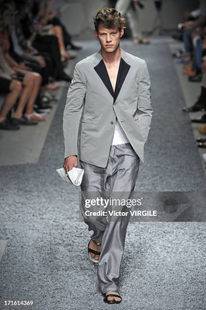 Model walks the runway at the Z Zegna show during Milan Menswear Fashion Week Spring Summer 2014 on June 25, 2013 in Milan, Italy.