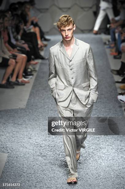 Model walks the runway at the Z Zegna show during Milan Menswear Fashion Week Spring Summer 2014 on June 25, 2013 in Milan, Italy.