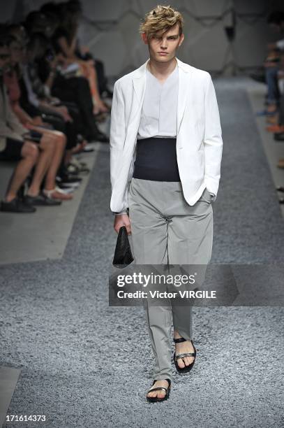 Model walks the runway at the Z Zegna show during Milan Menswear Fashion Week Spring Summer 2014 on June 25, 2013 in Milan, Italy.