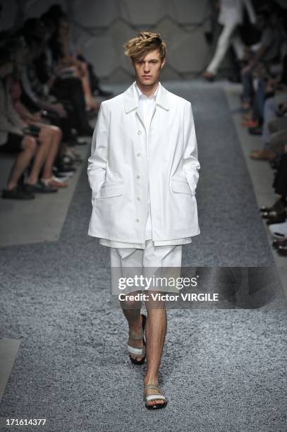 Model walks the runway at the Z Zegna show during Milan Menswear Fashion Week Spring Summer 2014 on June 25, 2013 in Milan, Italy.