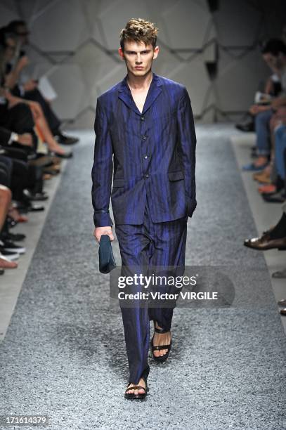 Model walks the runway at the Z Zegna show during Milan Menswear Fashion Week Spring Summer 2014 on June 25, 2013 in Milan, Italy.