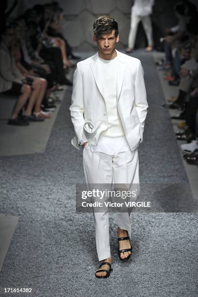 Model walks the runway at the Z Zegna show during Milan Menswear Fashion Week Spring Summer 2014 on June 25, 2013 in Milan, Italy.