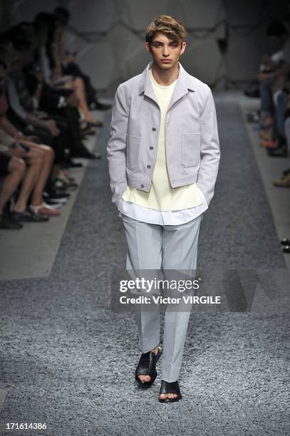 Model walks the runway at the Z Zegna show during Milan Menswear Fashion Week Spring Summer 2014 on June 25, 2013 in Milan, Italy.