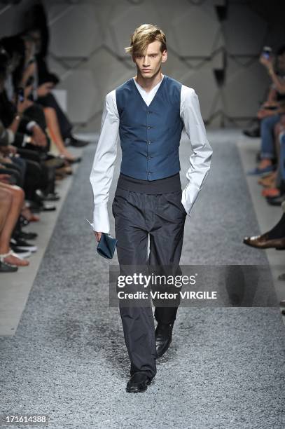 Model walks the runway at the Z Zegna show during Milan Menswear Fashion Week Spring Summer 2014 on June 25, 2013 in Milan, Italy.